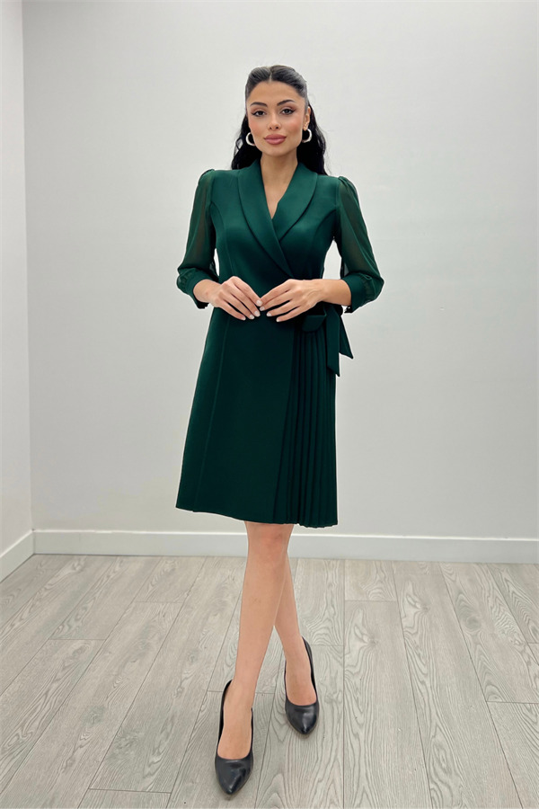 Atlas Kumaş Pliseli Ceket Elbise - ZÜMRÜT YEŞİL - 3