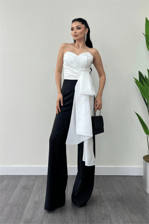 Atlas Kumaş Saten Detaylı Straplez Abiye Tulum - BEYAZ/SİYAH - 1