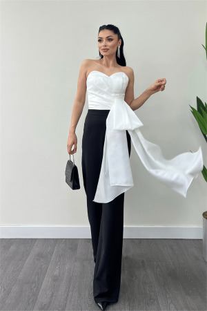 Atlas Kumaş Saten Detaylı Straplez Abiye Tulum - BEYAZ/SİYAH - 2