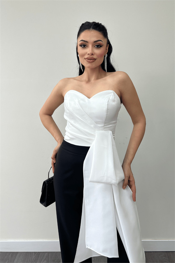 Atlas Kumaş Saten Detaylı Straplez Abiye Tulum - BEYAZ/SİYAH - 3