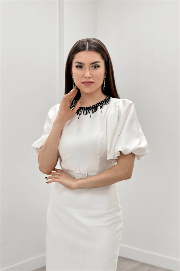 Atlas Kumaş Sırt Dekolteli Kalem Abiye Elbise - BEYAZ - 4