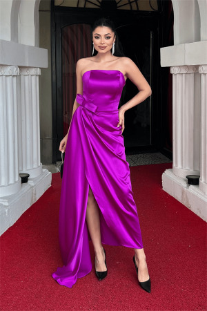 Atlas Kumaş Straplez Abiye Elbise - FUŞYA - Angelino Moda