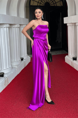 Atlas Kumaş Straplez Abiye Elbise - FUŞYA - Angelino Moda (1)