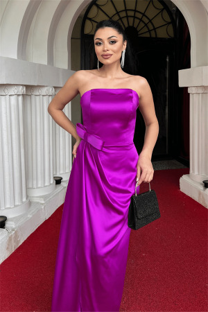 Atlas Kumaş Straplez Abiye Elbise - FUŞYA - 3