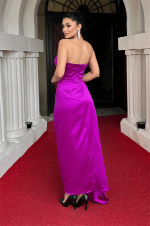 Atlas Kumaş Straplez Abiye Elbise - FUŞYA - 5