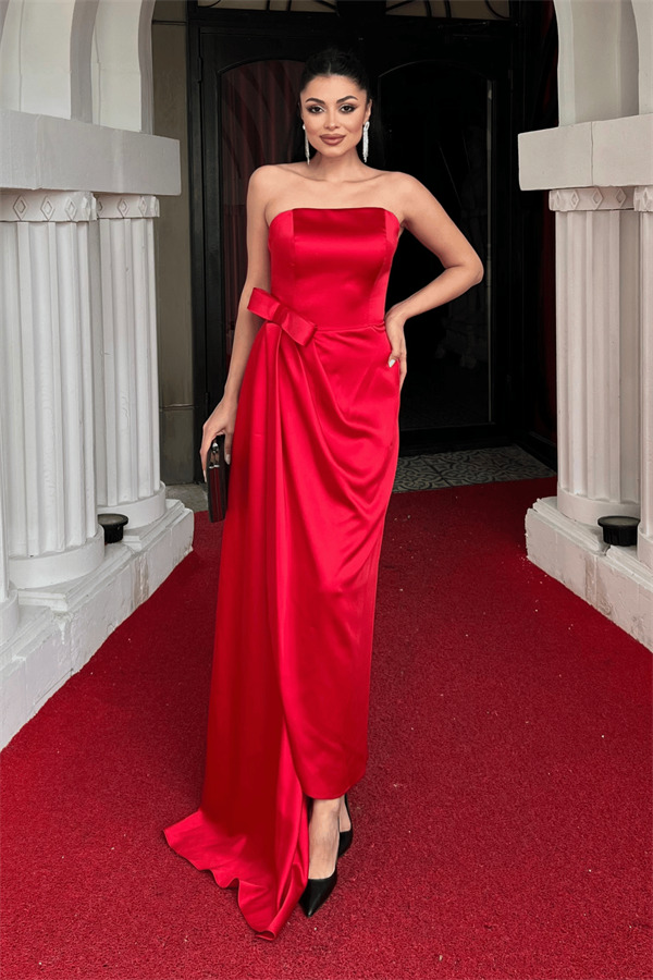 Atlas Kumaş Straplez Abiye Elbise - KIRMIZI - 1