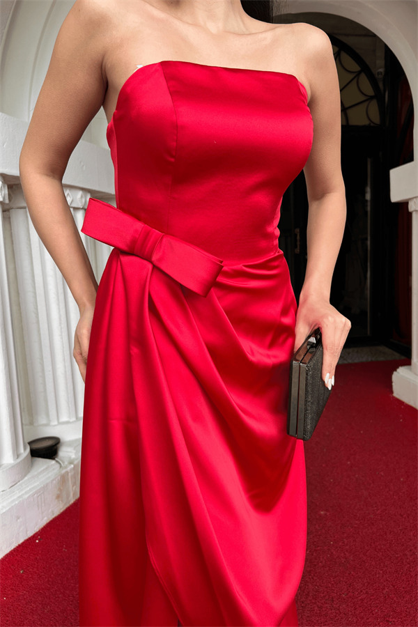 Atlas Kumaş Straplez Abiye Elbise - KIRMIZI - 3
