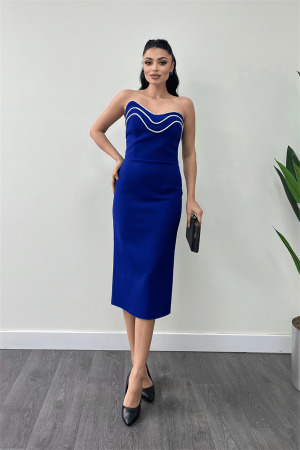 Atlas Kumaş Straplez Kalem Elbise - SAKS MAVİ - Angelino Moda