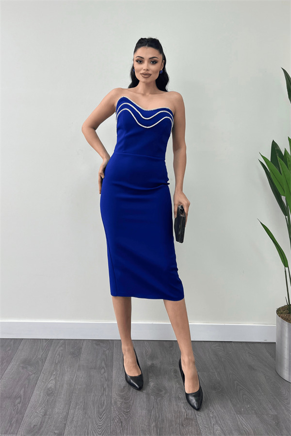 Atlas Kumaş Straplez Kalem Elbise - SAKS MAVİ - 2