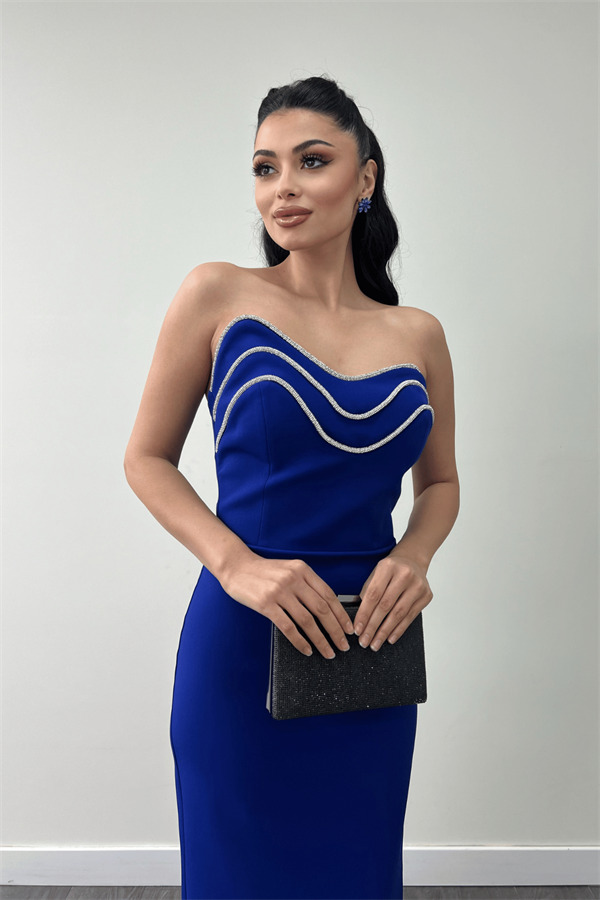 Atlas Kumaş Straplez Kalem Elbise - SAKS MAVİ - 3