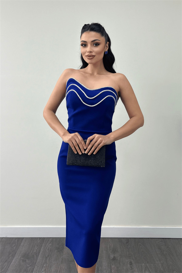 Atlas Kumaş Straplez Kalem Elbise - SAKS MAVİ - 4