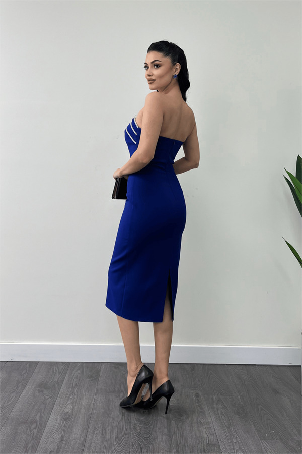 Atlas Kumaş Straplez Kalem Elbise - SAKS MAVİ - 5