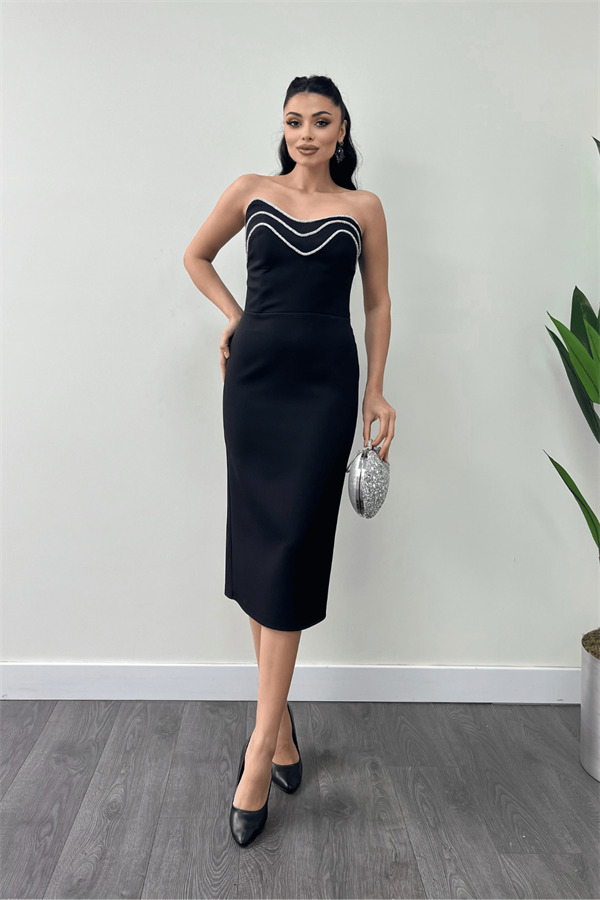 Atlas Kumaş Straplez Kalem Elbise - SİYAH - 1