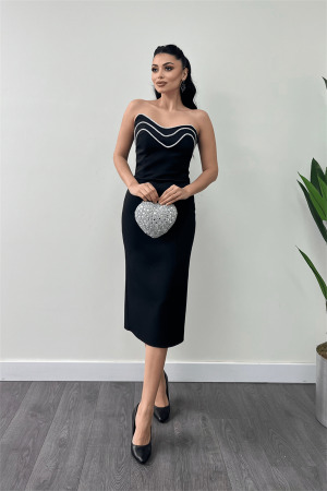 Atlas Kumaş Straplez Kalem Elbise - SİYAH - Angelino Moda (1)