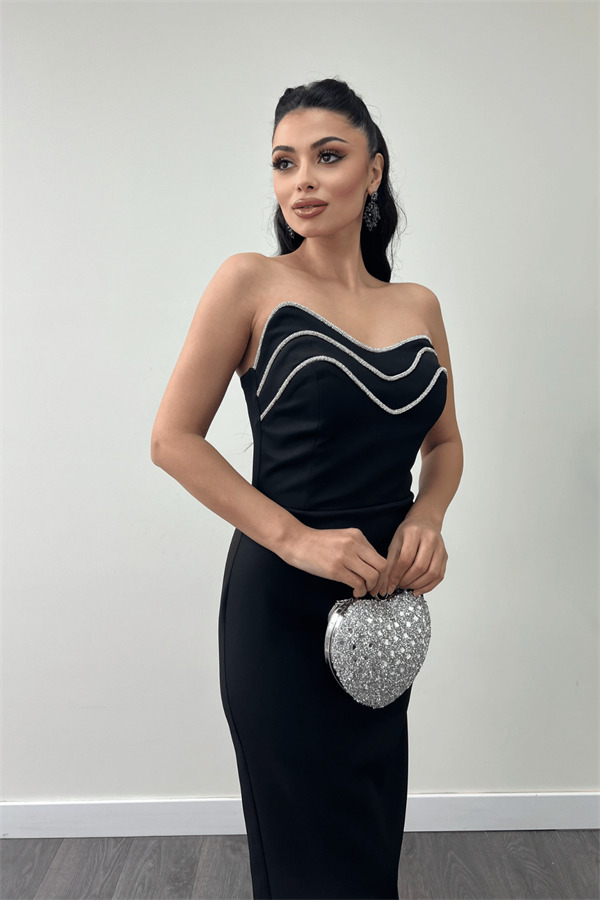 Atlas Kumaş Straplez Kalem Elbise - SİYAH - 3