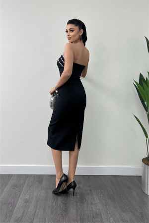 Atlas Kumaş Straplez Kalem Elbise - SİYAH - 5