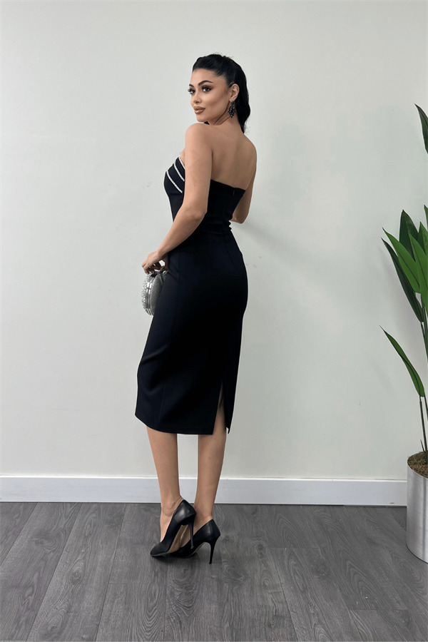 Atlas Kumaş Straplez Kalem Elbise - SİYAH - 5