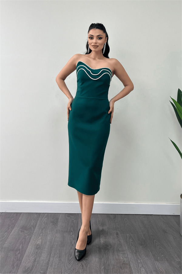 Atlas Kumaş Straplez Kalem Elbise - ZÜMRÜT YEŞİL - 1