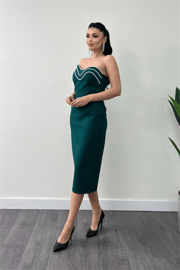 Atlas Kumaş Straplez Kalem Elbise - ZÜMRÜT YEŞİL - 2