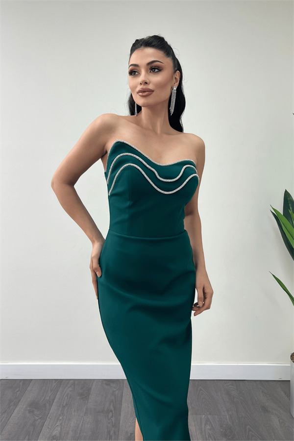 Atlas Kumaş Straplez Kalem Elbise - ZÜMRÜT YEŞİL - 4