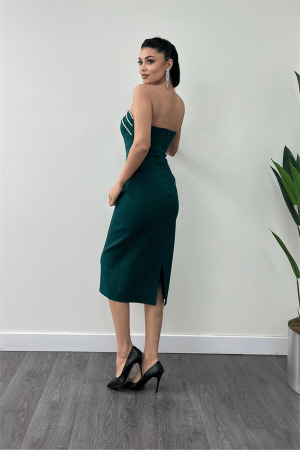 Atlas Kumaş Straplez Kalem Elbise - ZÜMRÜT YEŞİL - 5