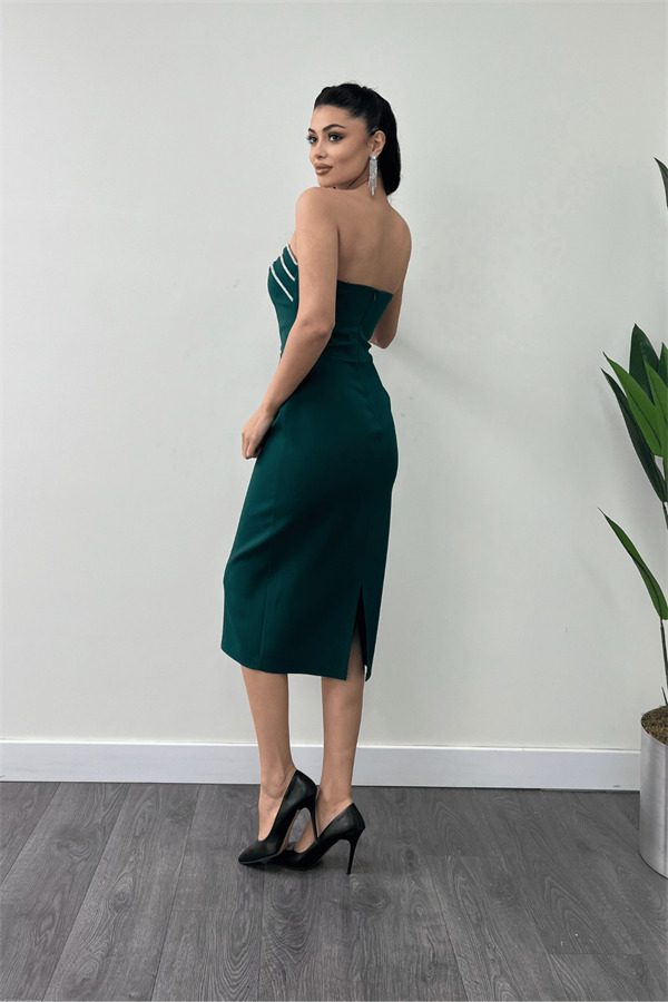 Atlas Kumaş Straplez Kalem Elbise - ZÜMRÜT YEŞİL - 5