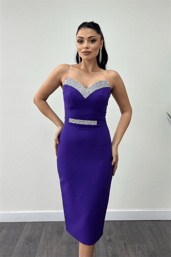 Atlas Kumaş Taş Detaylı İşleme Detaylı Kalem Elbise - MOR - 3