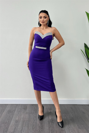 Atlas Kumaş Taş Detaylı İşleme Detaylı Kalem Elbise - MOR - 4