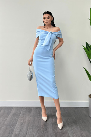 Atlas Kumaş Yakası Kurdale Detaylı Kalem Elbise - BEBE MAVİSİ - Angelino Moda