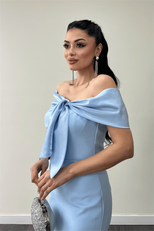 Atlas Kumaş Yakası Kurdale Detaylı Kalem Elbise - BEBE MAVİSİ - 4