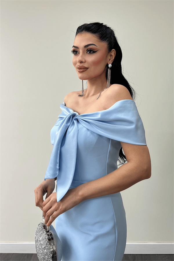 Atlas Kumaş Yakası Kurdale Detaylı Kalem Elbise - BEBE MAVİSİ - 4