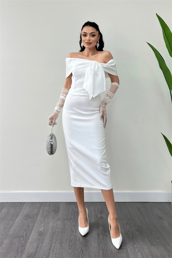 Atlas Kumaş Yakası Kurdale Detaylı Kalem Elbise - BEYAZ - 1