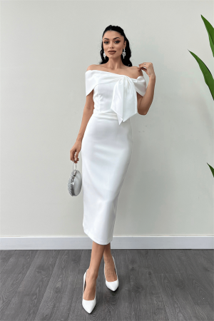 Atlas Kumaş Yakası Kurdale Detaylı Kalem Elbise - BEYAZ - 2