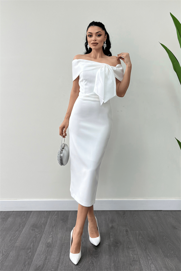 Atlas Kumaş Yakası Kurdale Detaylı Kalem Elbise - BEYAZ - 2