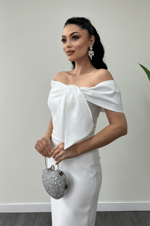 Atlas Kumaş Yakası Kurdale Detaylı Kalem Elbise - BEYAZ - 3