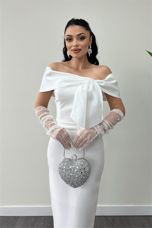 Atlas Kumaş Yakası Kurdale Detaylı Kalem Elbise - BEYAZ - 4