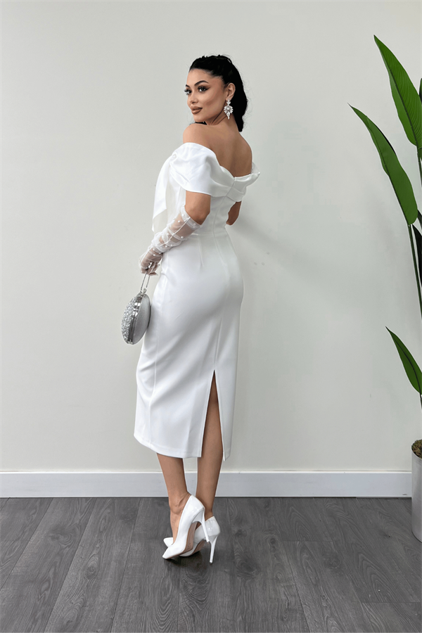 Atlas Kumaş Yakası Kurdale Detaylı Kalem Elbise - BEYAZ - 5