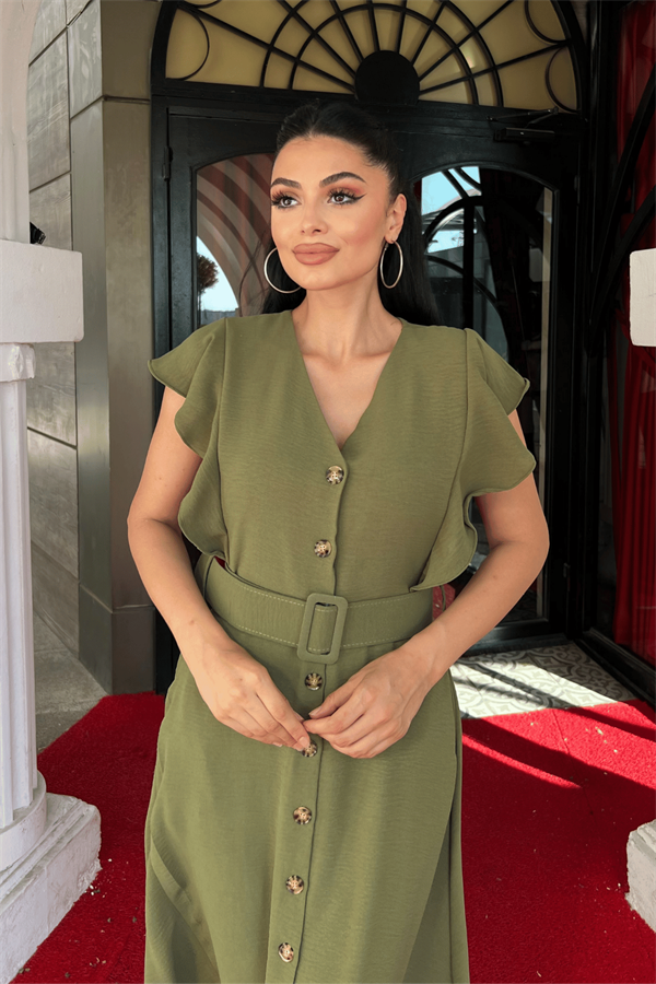 Ayrobin Kumaş Düğme Detaylı Elbise - HAKİ YEŞİLİ - 3