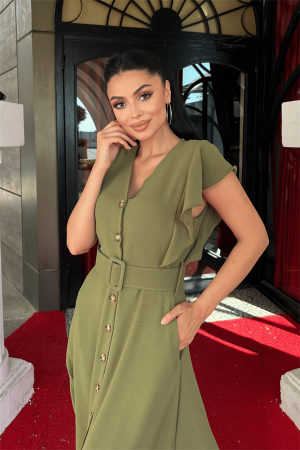 Ayrobin Kumaş Düğme Detaylı Elbise - HAKİ YEŞİLİ - 4