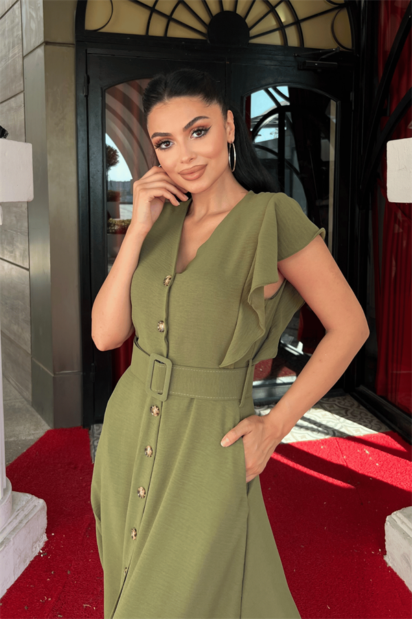 Ayrobin Kumaş Düğme Detaylı Elbise - HAKİ YEŞİLİ - 4