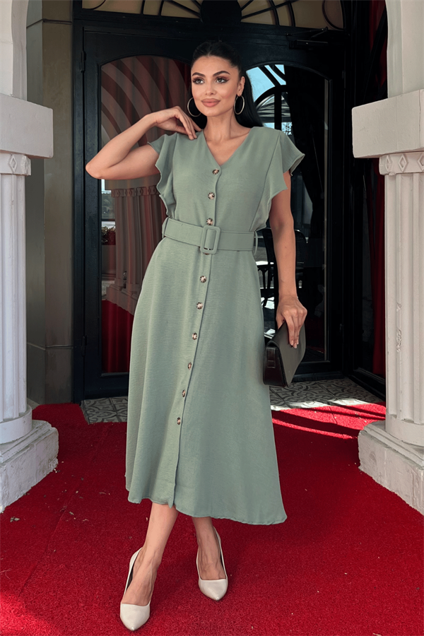 Ayrobin Kumaş Düğme Detaylı Elbise - MİNT YEŞİLİ - 1