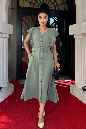 Ayrobin Kumaş Düğme Detaylı Elbise - MİNT YEŞİLİ - Angelino Moda (1)