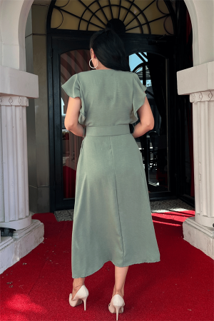 Ayrobin Kumaş Düğme Detaylı Elbise - MİNT YEŞİLİ - 5