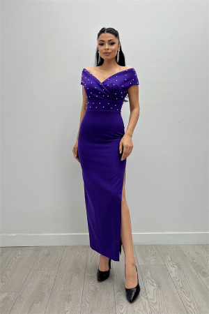 Babel Kumaş Kayık Yaka İnci Detaylı Kalem Elbise - PATLICAN MOR - Angelino Moda