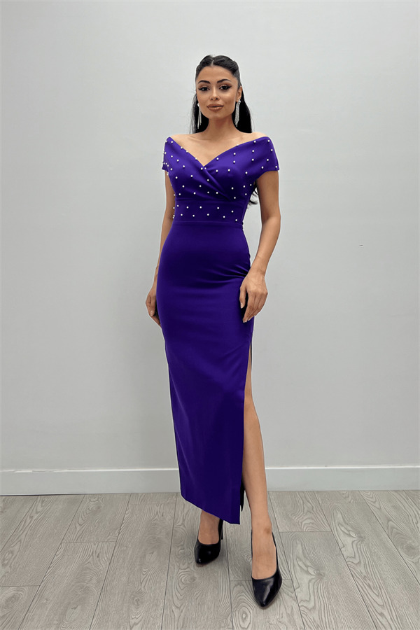 Babel Kumaş Kayık Yaka İnci Detaylı Kalem Elbise - PATLICAN MOR - 1