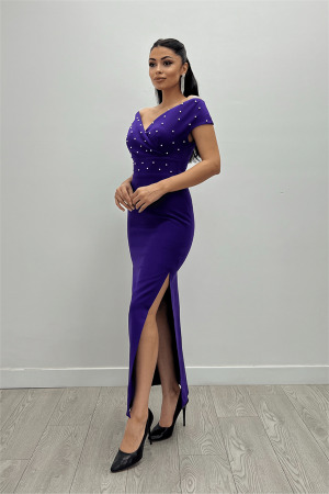 Babel Kumaş Kayık Yaka İnci Detaylı Kalem Elbise - PATLICAN MOR - Angelino Moda (1)