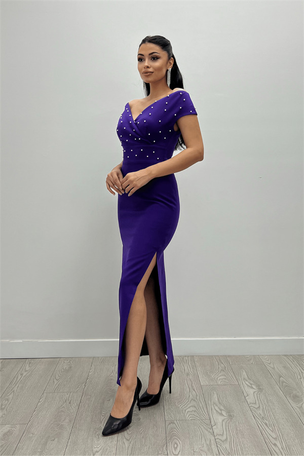 Babel Kumaş Kayık Yaka İnci Detaylı Kalem Elbise - PATLICAN MOR - 2