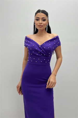 Babel Kumaş Kayık Yaka İnci Detaylı Kalem Elbise - PATLICAN MOR - 3