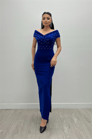 Babel Kumaş Kayık Yaka İnci Detaylı Kalem Elbise - SAKS MAVİ - Angelino Moda