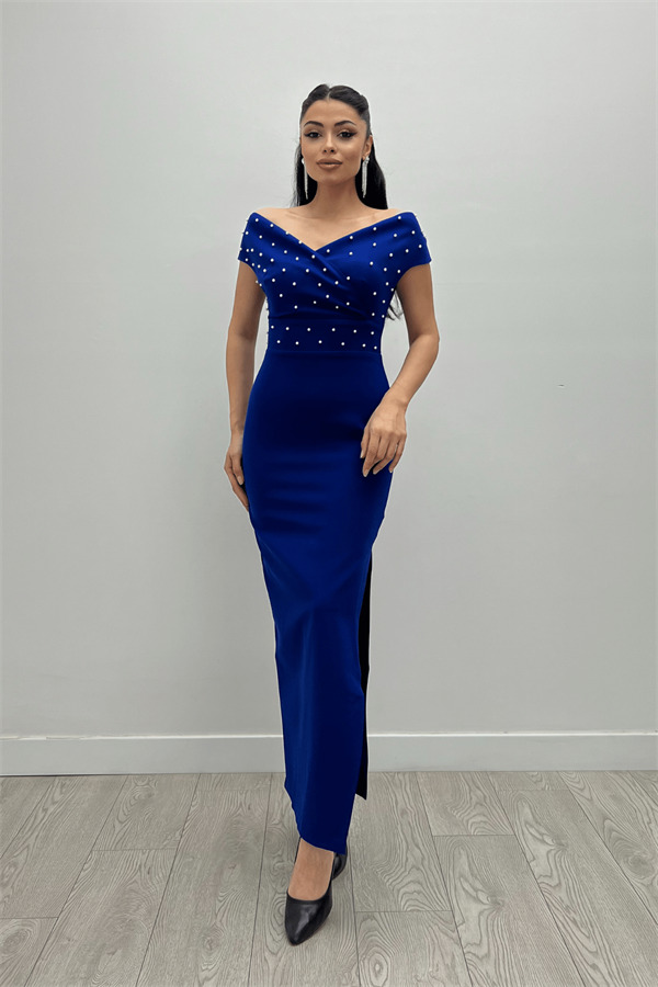 Babel Kumaş Kayık Yaka İnci Detaylı Kalem Elbise - SAKS MAVİ - 1